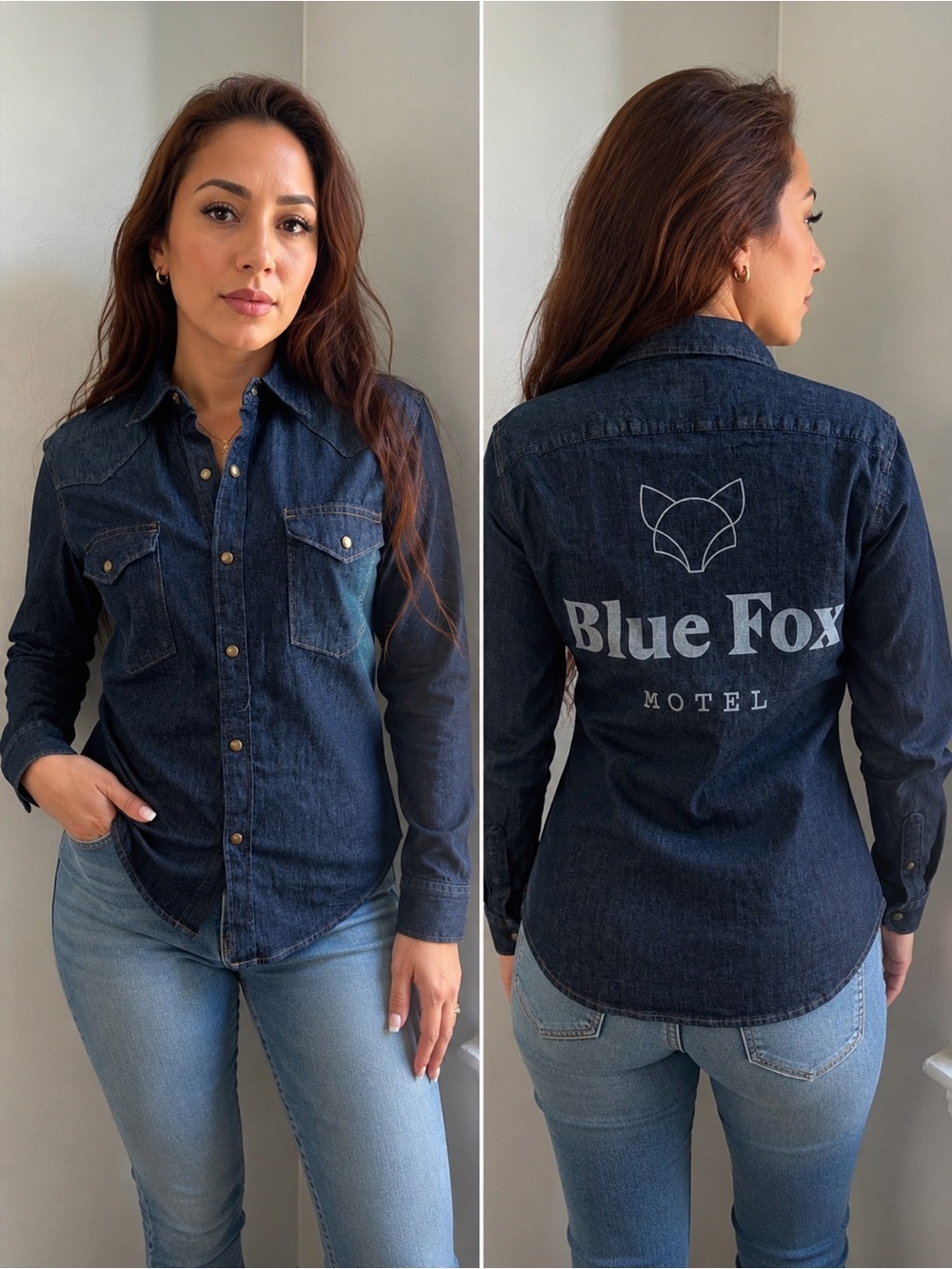 Wrangler blue fox motel western denim snap shirt women’s small